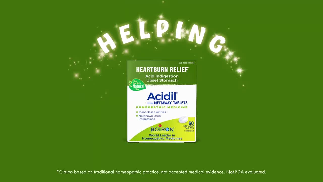 thumbnail video image 2 of Boiron Acidil, Homeopathic Medicine for Heartburn Relief, Acid Indigestion, Upset Stomach, 120 Meltaway Tablets, 2 of 12