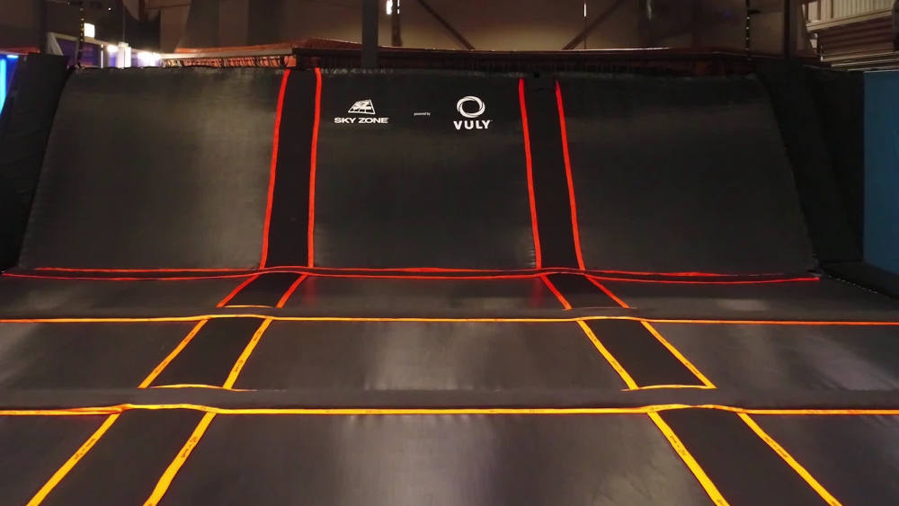 Official Sky Zone x Vuly 14' Trampoline, SelfClosing Door and Shoe Bag, Blue