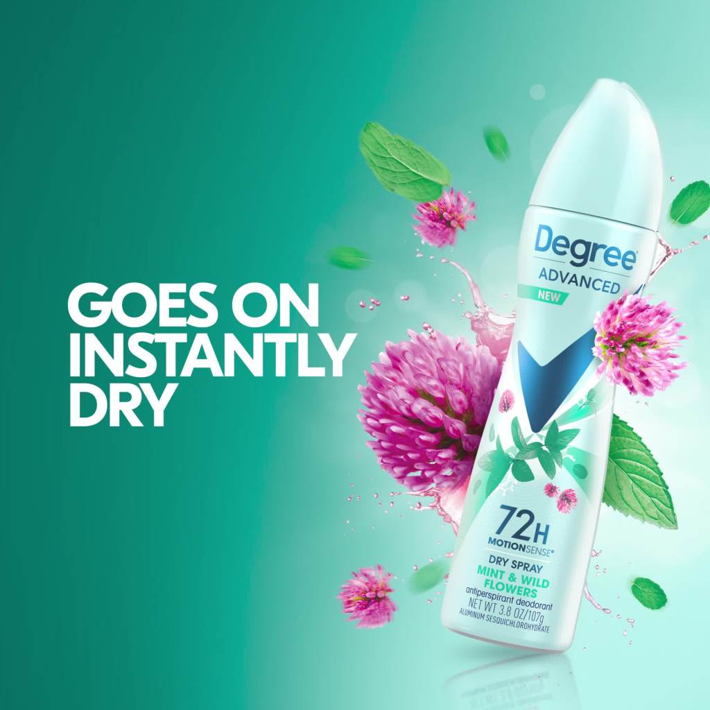 thumbnail video image 2 of Degree Advanced Antiperspirant Deodorant Dry Spray Mint & Wild Flowers, 3.8 oz, 2 of 7