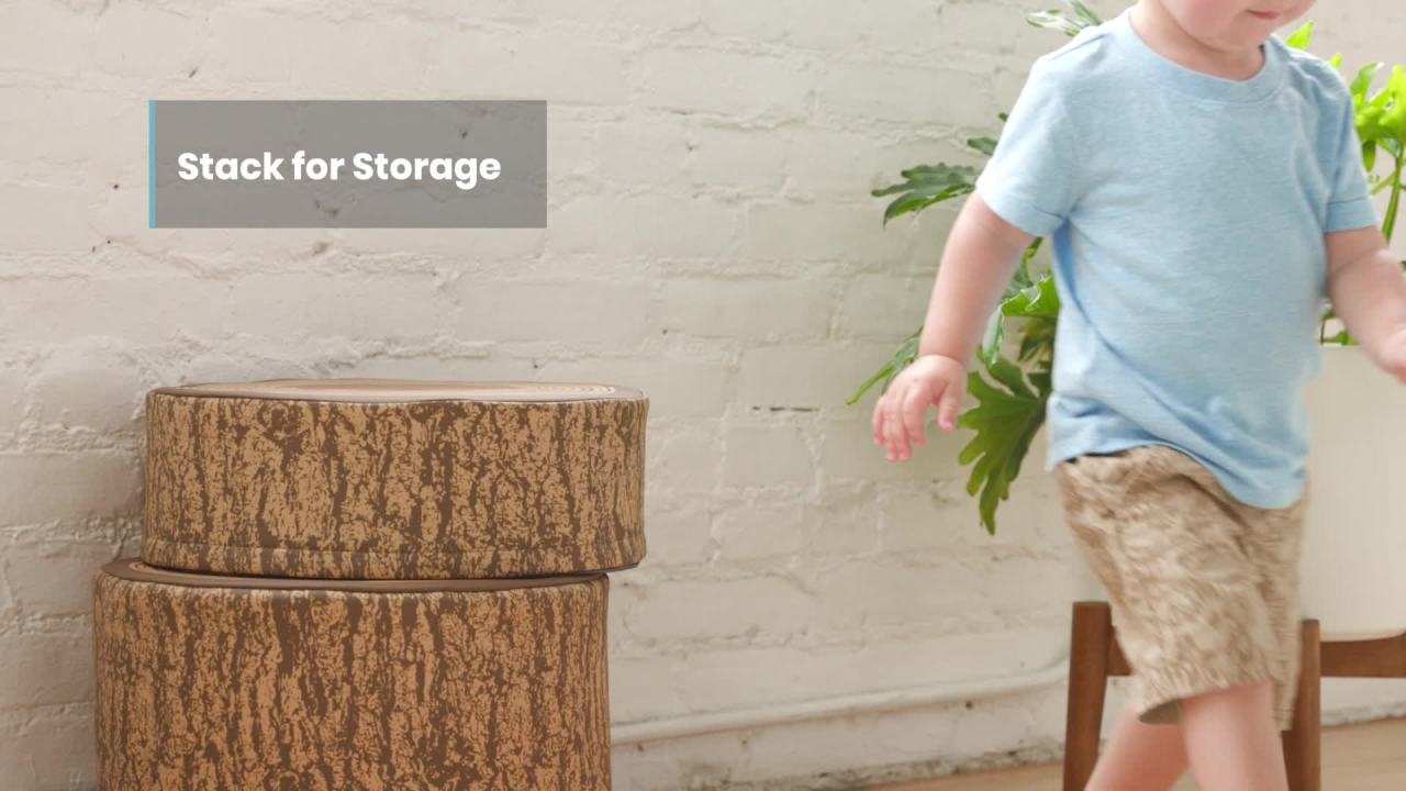 thumbnail video image 2 of ECR4Kids SoftZone Tree Stump Stool Set, Chocolate, 3-Piece, 2 of 10