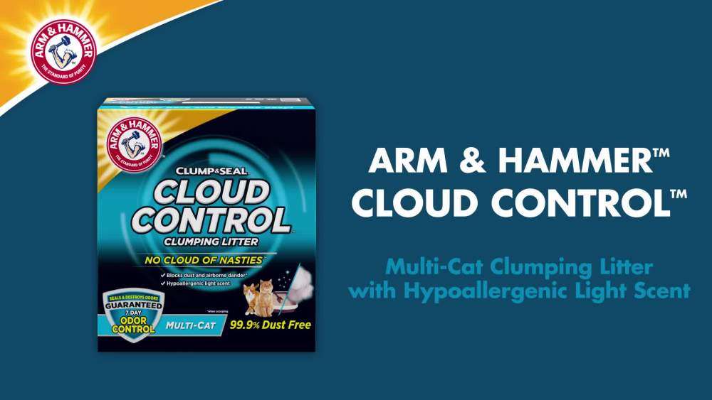 thumbnail video image 2 of (2 pack) ARM & HAMMER Cloud Control Multi-Cat Clumping Cat Litter with Hypoallergenic Light Scent, 14 lb, 2 of 14