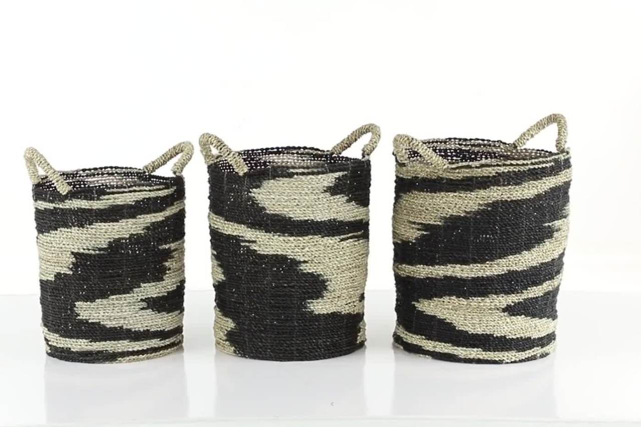 thumbnail video image 2 of DecMode 18", 17", 16"H Black Seagrass Handmade Two Toned Storage Basket with Handles, 3-Pieces, 2 of 12