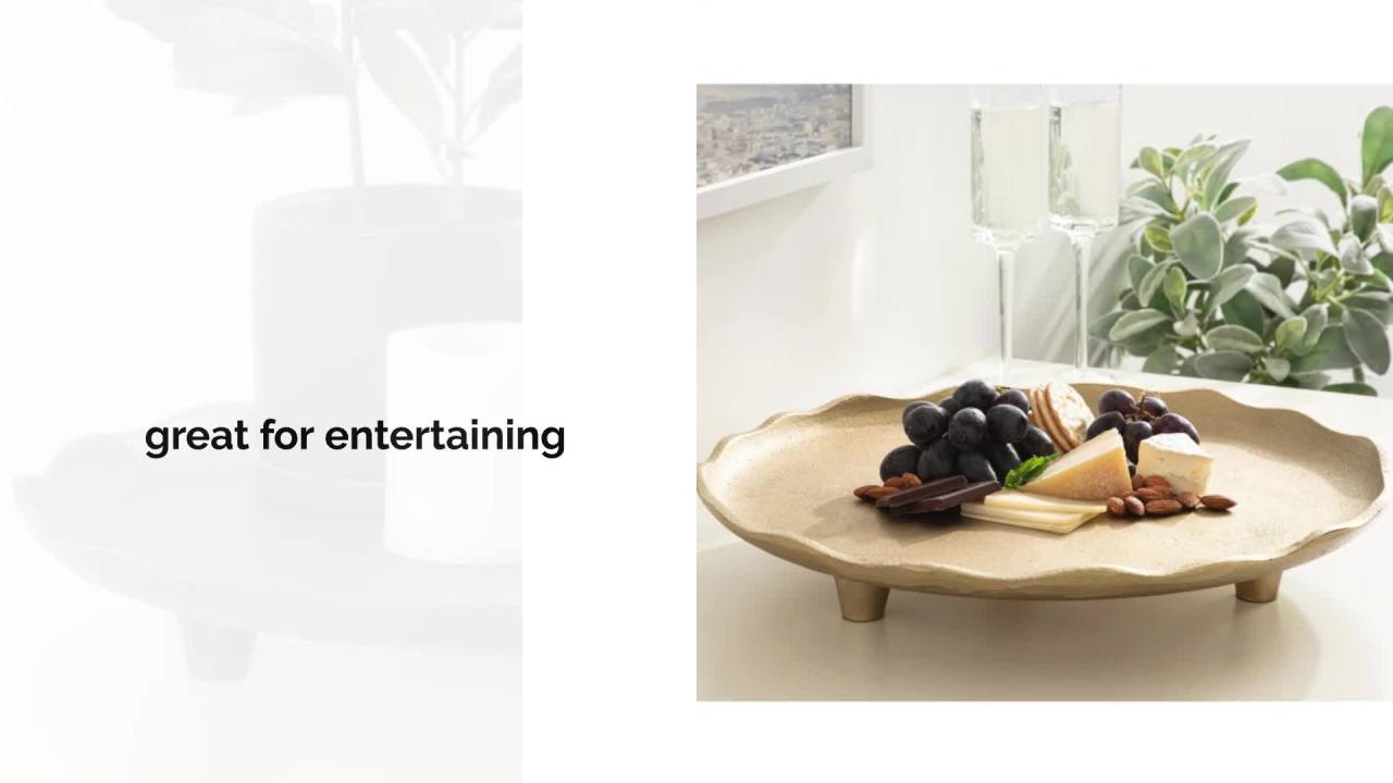 thumbnail video image 2 of Kate and Laurel Alessia Modern Decorative Scalloped Round Footed Metal Tray, 16 Inch Diameter, Bronze, Transitional Food-Safe Cast Aluminum Pedestal Tray with Rough Texture and Deckled Edge, 2 of 8