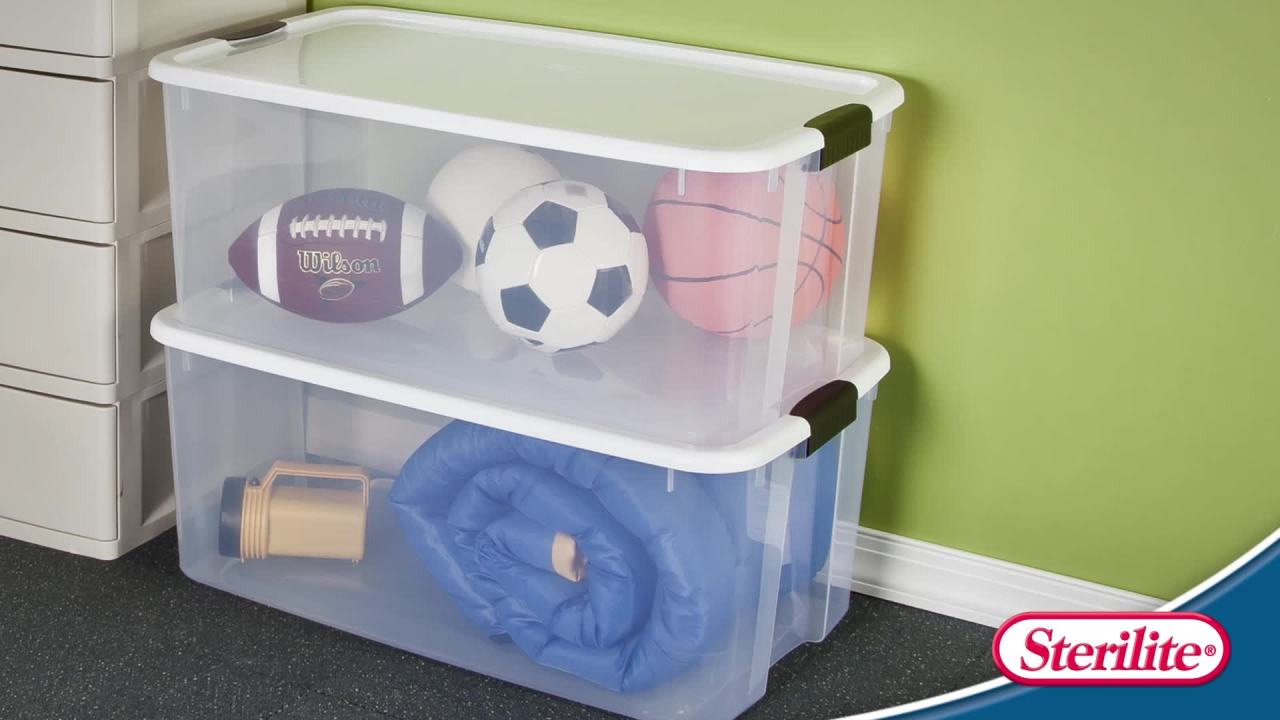 thumbnail video image 2 of Sterilite 70 Quart Clear Plastic Storage Bin with White Lid & Black Latch, 2 of 14