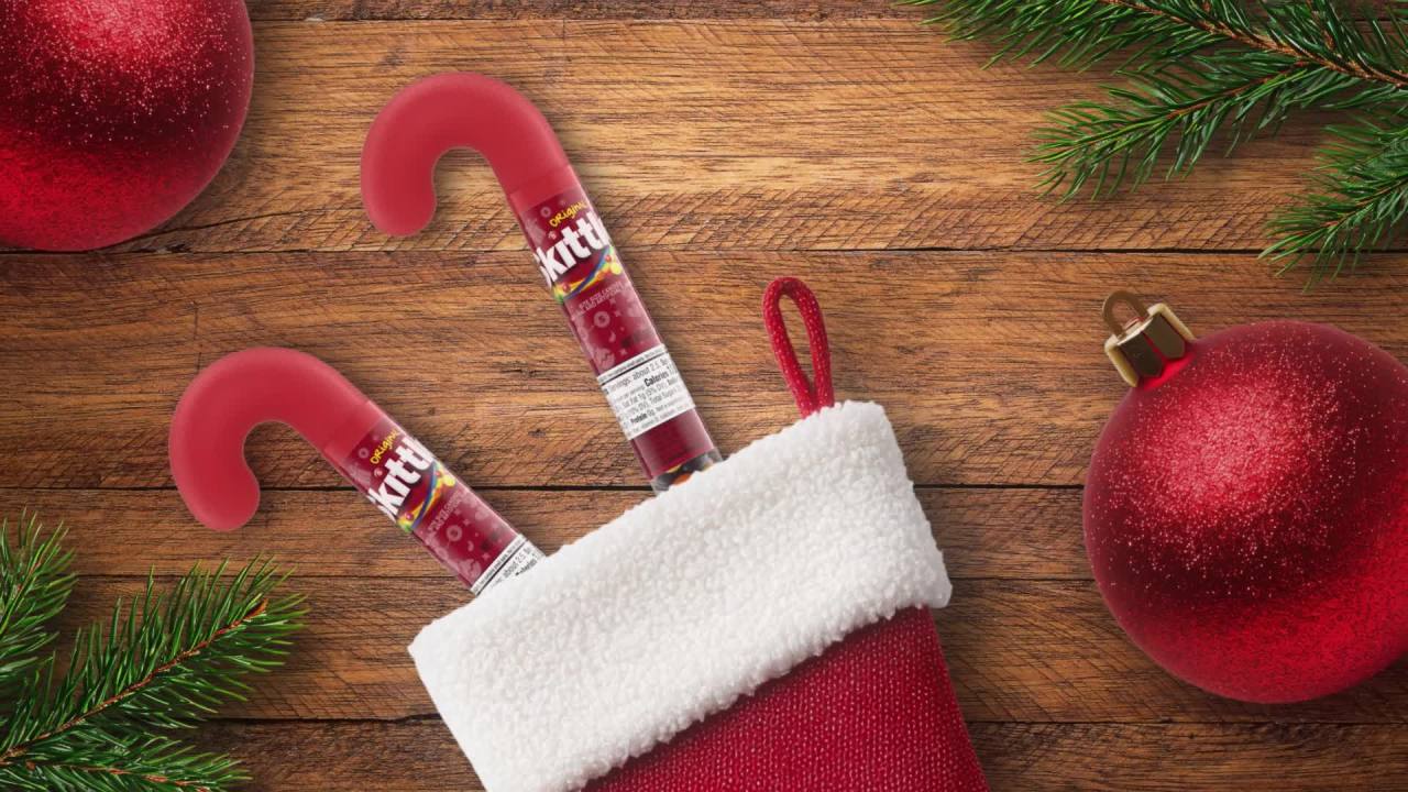 thumbnail video image 2 of Skittles Original Christmas Candy Cane, 2.6 oz Tube, 2 of 13