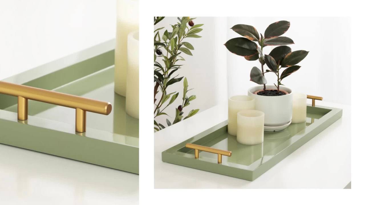 thumbnail video image 2 of Kate and Laurel Halsey Rectangle Decorative Narrow Tray with Gold Metal Handles, 24 x 10, Green and Gold, Modern Glam Slim Serving Tray with Handles for Living Room Decor, 2 of 9
