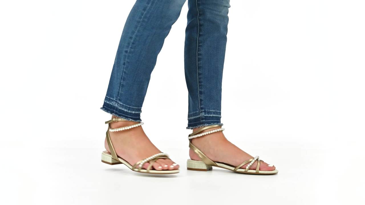 thumbnail video image 2 of Journee Womens Tulsi Faux Pearl Ankle Strap Covered Block Heel Flat Evening Dress Sandals, 2 of 10