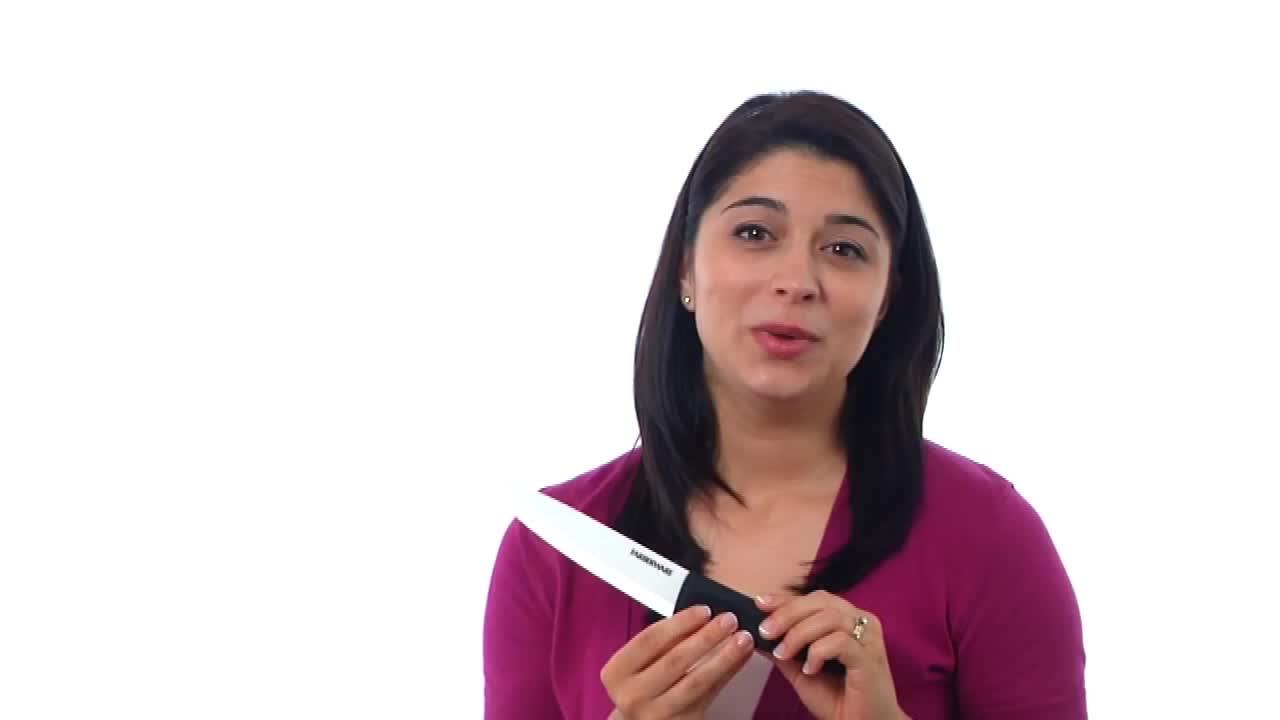 thumbnail video image 2 of Farberware Professional 6-inch Ceramic Chef Knife with Black Blade Cover and Handle, 2 of 8