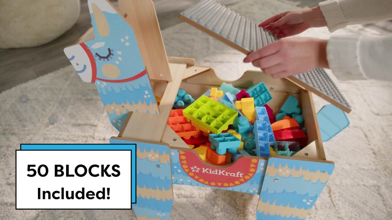 thumbnail video image 2 of KidKraft Llama Pinata Building Bricks Wooden Table with 50 Blocks, for Ages 2+ Years, 2 of 11