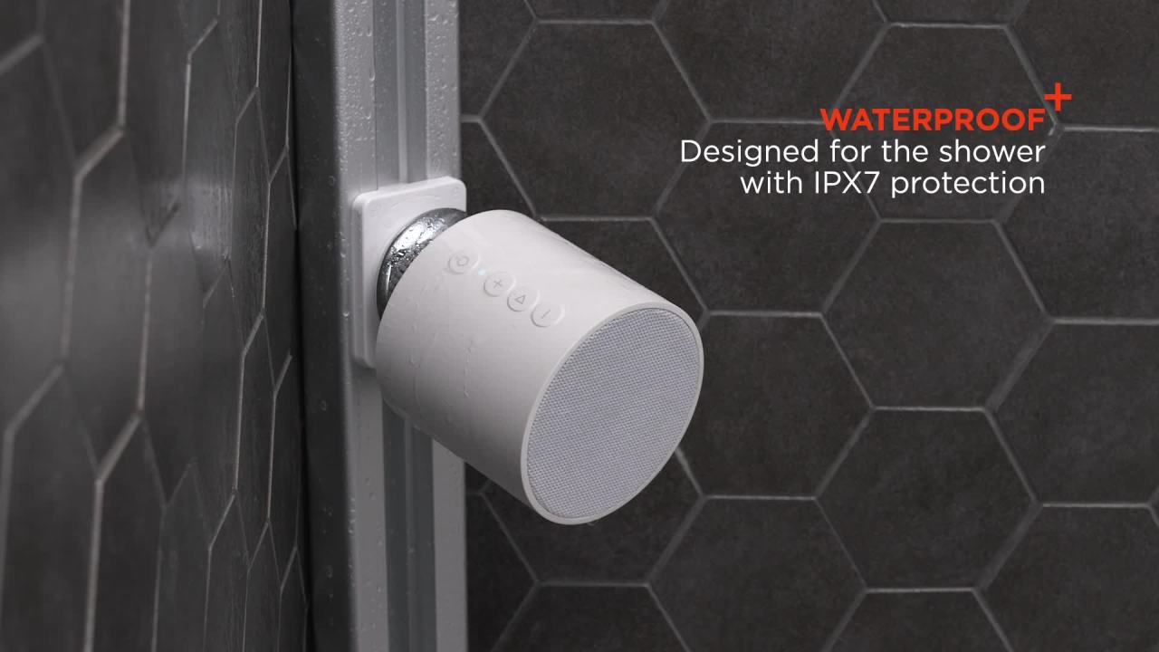 thumbnail video image 2 of Sharper Image® SpaStudio™ Waterproof Bluetooth Speaker, with Magnetic Mount and Rechargeable Battery, 2 of 10