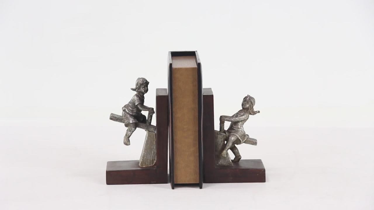 thumbnail video image 2 of DecMode 4" People Brown Polystone Bookends with Swing Set (Set of 2), 2 of 9
