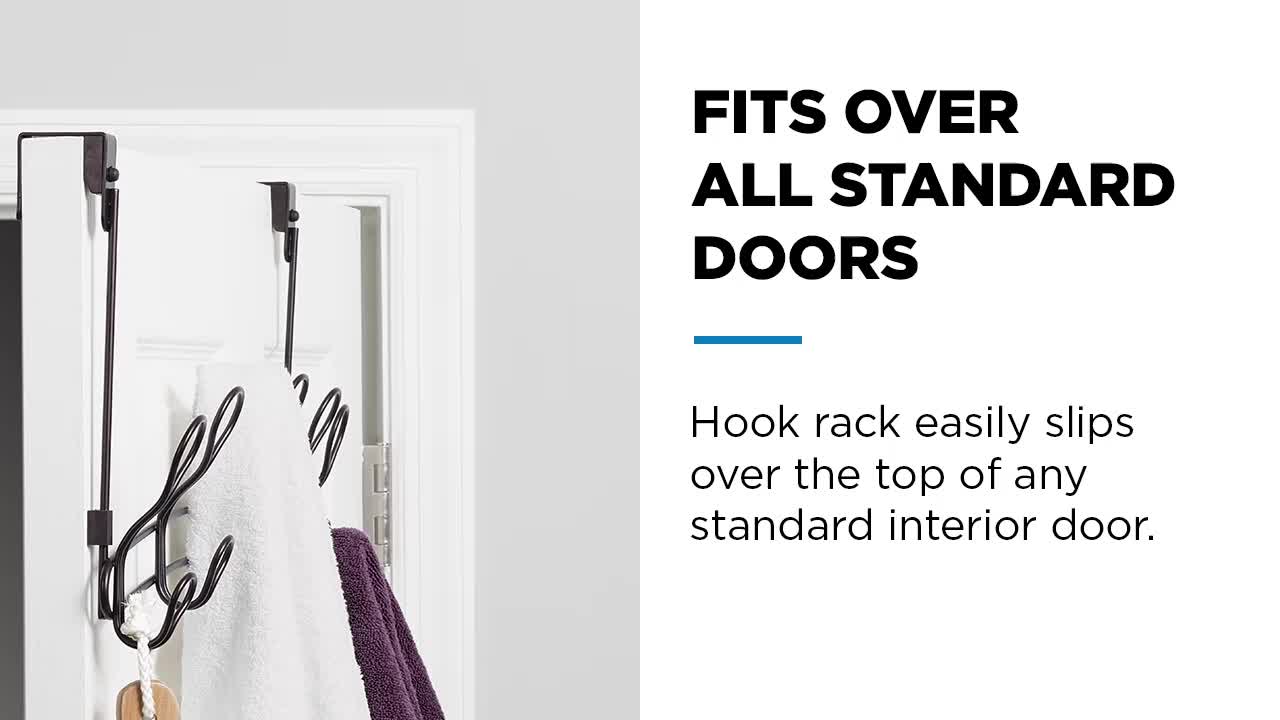 thumbnail video image 2 of Mainstays SnugFit over-the-Door 6-Hook Rack, Storage for Towels, Clothes, No Drilling, Matte Black, 2 of 8