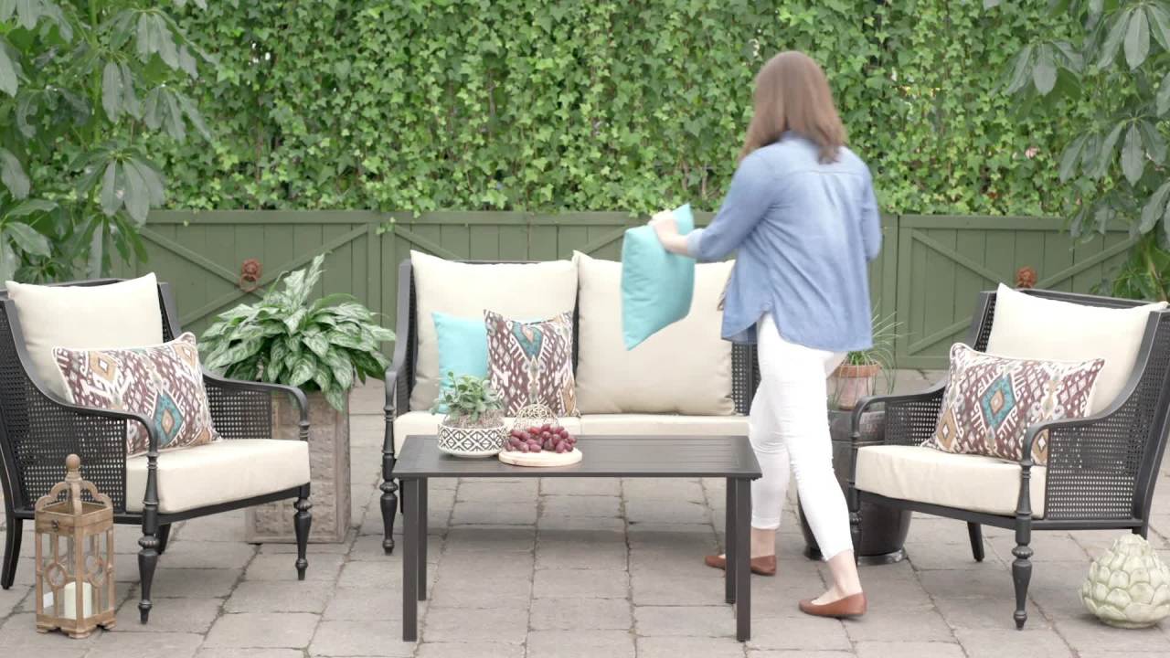 thumbnail video image 2 of Arden Selections Outdoor Deep Seat Cushion Set, 24 x 24, Water Repellent, Fade Resistant, Deep Seat Bottom and Back Cushion for Chair, Sofa, and Couch, 24 x 24, Tan Leala, 2 of 12