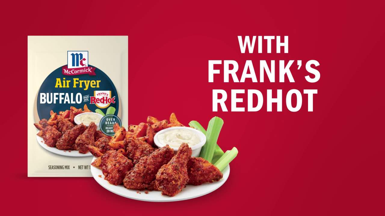 thumbnail video image 2 of McCormick No Artificial Flavors Air Fryer Buffalo Seasoning Mix, 1.25 oz Packet, 2 of 22
