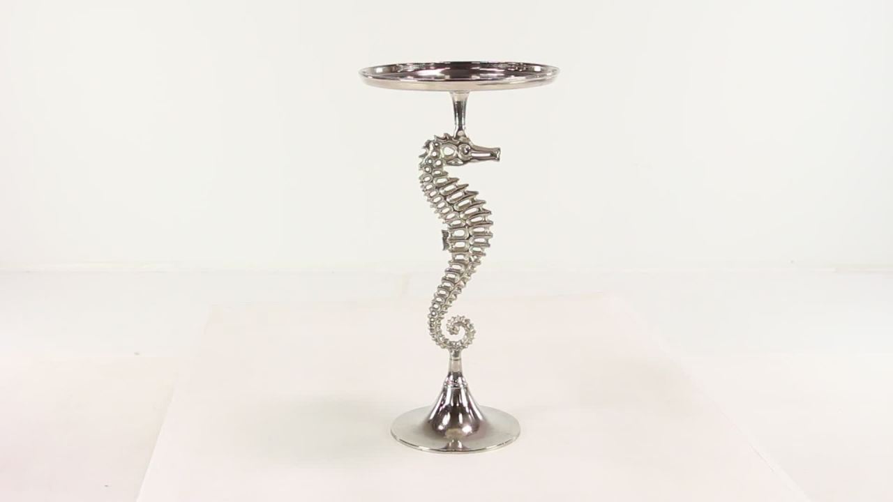 thumbnail video image 2 of DecMode 16" x 29" Silver Aluminum Metal Pedestal Sea Horse Accent Table with Tray Top, 1-Piece, 2 of 10