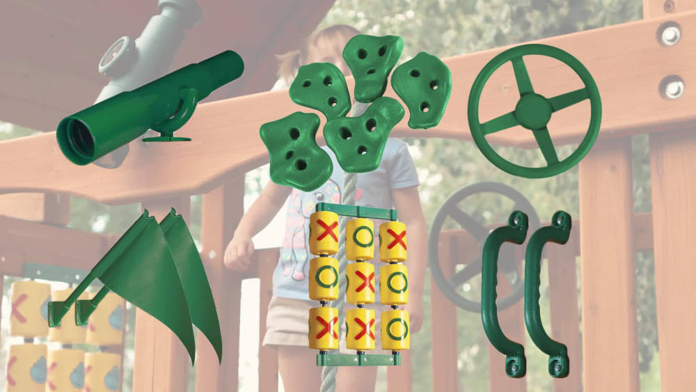 Gorilla Playsets Navigator Wooden Swing Set with Green Vinyl Canopy, Monkey Bars, and Rock