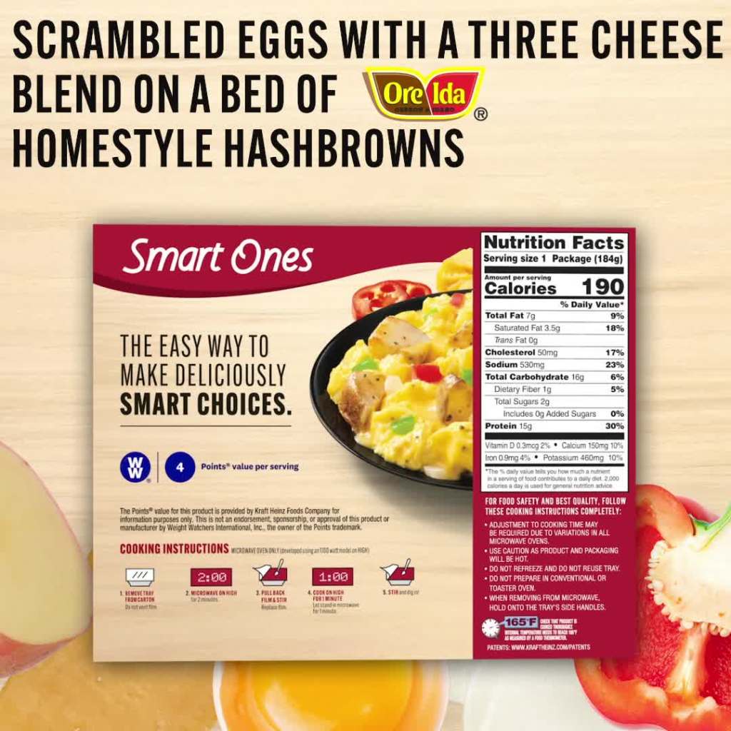 thumbnail video image 2 of Smart Ones Cheesy Scramble with Hash Browns Frozen Meal, 6.49 oz Box, 2 of 15