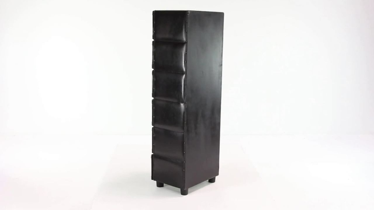 thumbnail video image 2 of DecMode 16" x 50" Brown Wood Vintage Faux Leather 6 Drawer Chest with Rivets and Straps Detailing, 1-Piece, 2 of 15