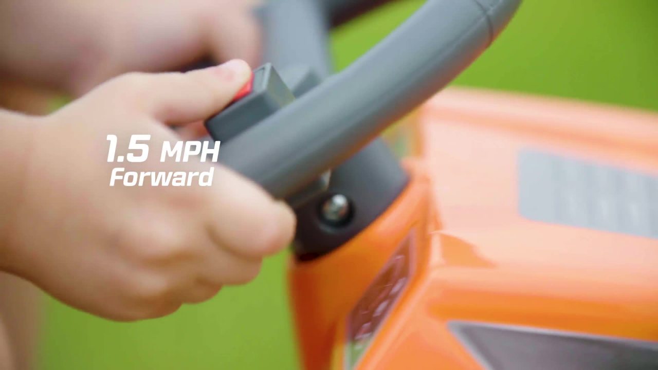 thumbnail video image 2 of Mow & Go Lawn Mower Toy, 6-Volt Ride-On Toy by Kid Trax, ages 18 - 30 months, orange, 2 of 7