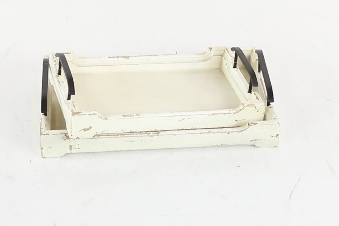 thumbnail video image 2 of DecMode 20", 17"W White Wood  Tray with Metal Handles, 2-Pieces, 2 of 9