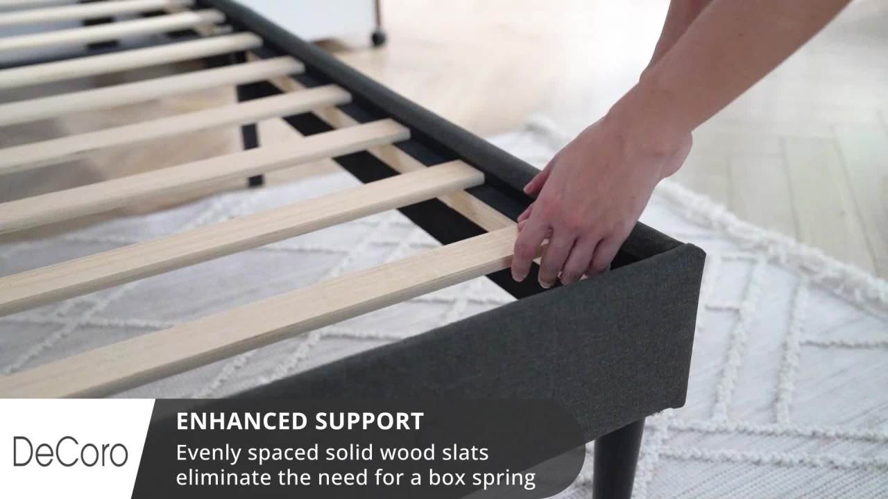 thumbnail video image 2 of DeCoro Cambridge Easy Assembly Upholstered Platform Bed with Headboard, Metal Frame with Solid Wood Slat Support, No Box Spring Required and Noise-free, King, Linen, 2 of 10