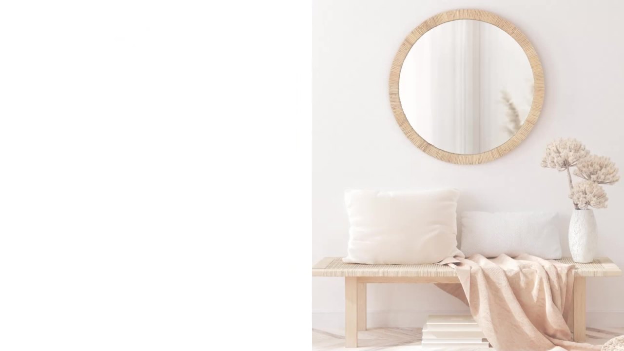 thumbnail video image 2 of Kate and Laurel Rahfy Boho Scalloped Round Rattan Mirror, 26 Inch Diameter, Natural Wood, Decorative Round Wavy Mirror with Authentic Rattan Frame for Apartment or Dorm Room Decor, 2 of 9