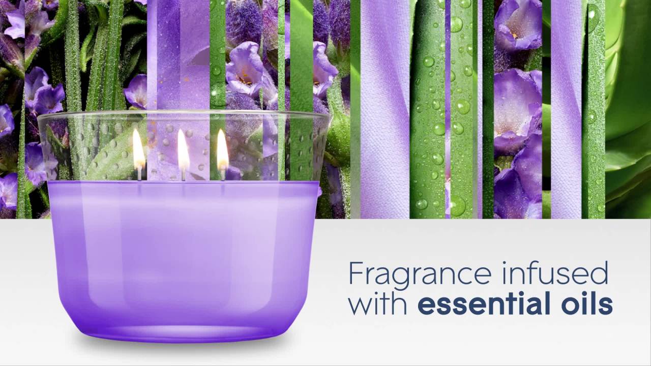 thumbnail video image 2 of Glade Candle Tranquil Lavender & Aloe Scent, 3-Wick, 6.8 oz (193 g), 1 Count, Fragrance Infused with Essential Oils, Notes of French Lavender, Aloe, Violet Petals, Lead-Free Wick Scented Candles, 2 of 16