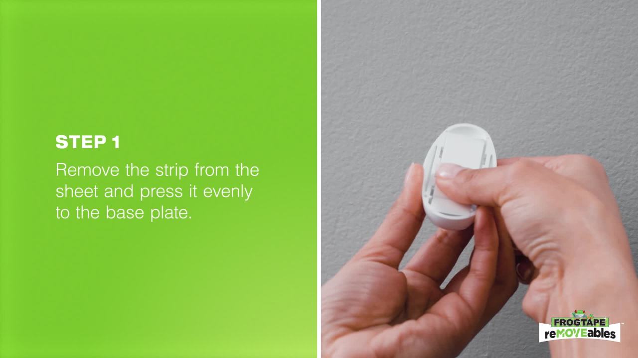 thumbnail video image 3 of FrogTape reMOVEables Medium Brushed Nickel Heavy Duty Hooks, 2 Hooks and 4 Adhesive Strips, 3 of 13