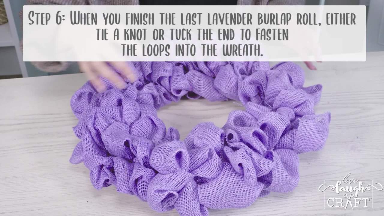 thumbnail video image 2 of Love, Laugh, Craft DIY Easter Burlap Flower Wreath Craft Kit, Lavender, 2 of 7
