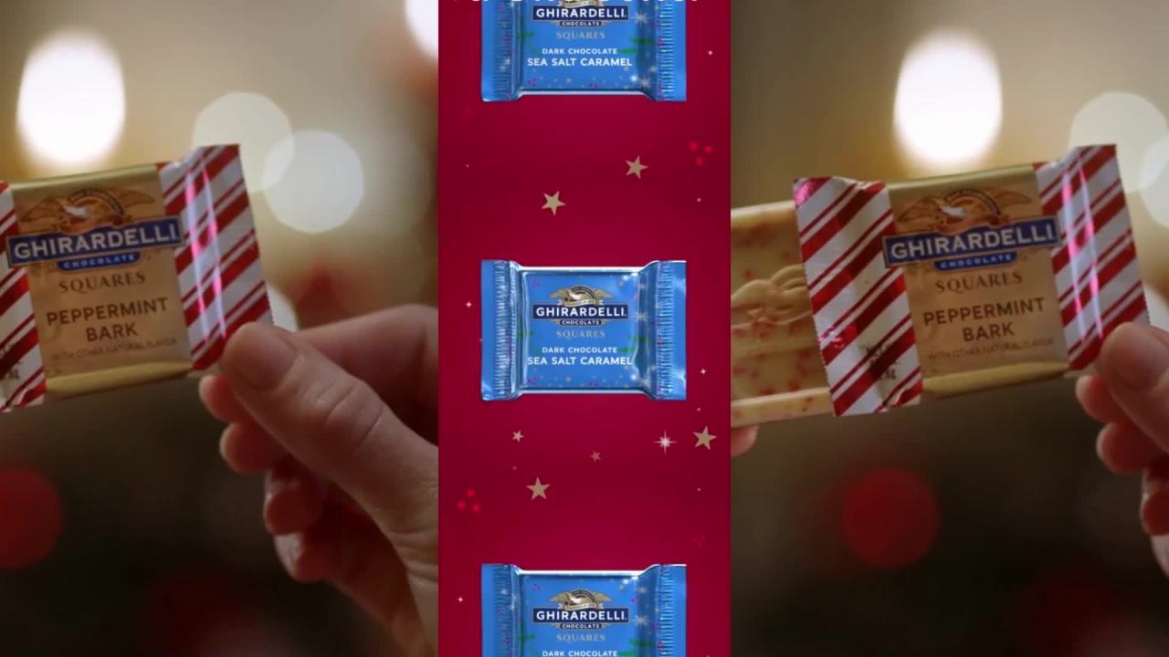 thumbnail video image 2 of GHIRARDELLI Holiday Milk Chocolate Caramel Squares, Milk Chocolate with Caramel Candy, 9 oz Bag, 2 of 10