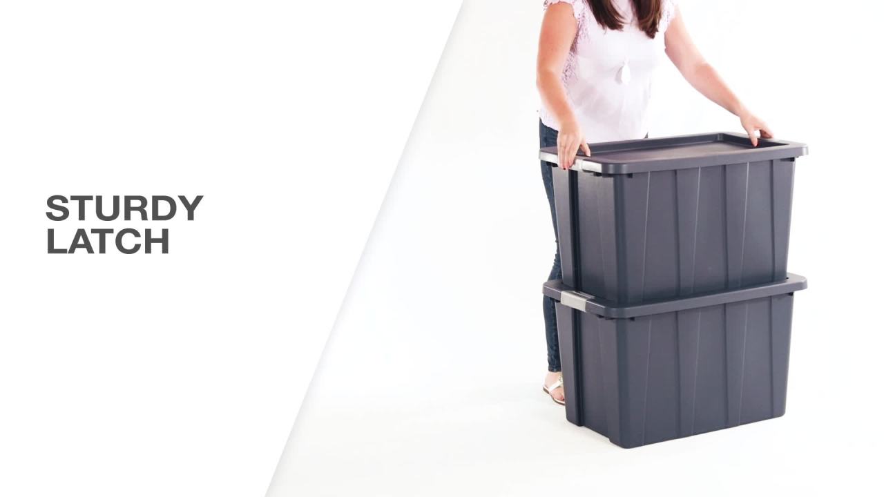 thumbnail video image 2 of Sterilite 30 Gallon Latching Tuff1 Tote, Rugged Plastic Bin with Lid, Dark Blue, 4 Count, 2 of 10