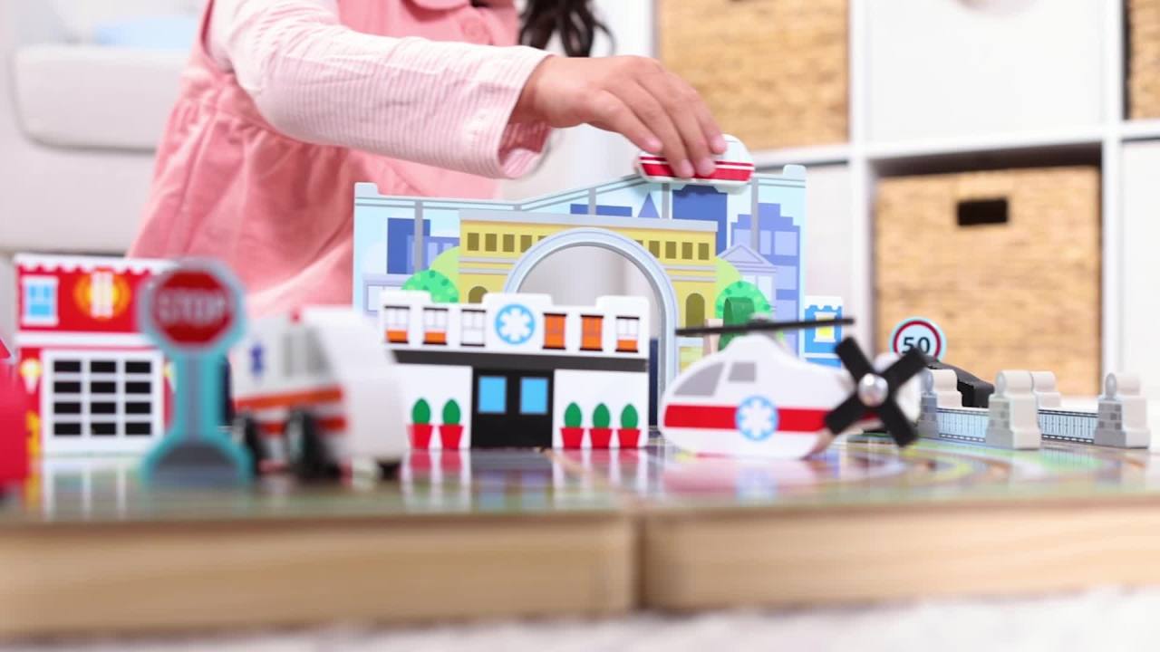 thumbnail video image 2 of Melissa & Doug® Take-Along Town, 18 Pieces, Police & Fire Play Vehicles, For Toddlers 3+, 2 of 10