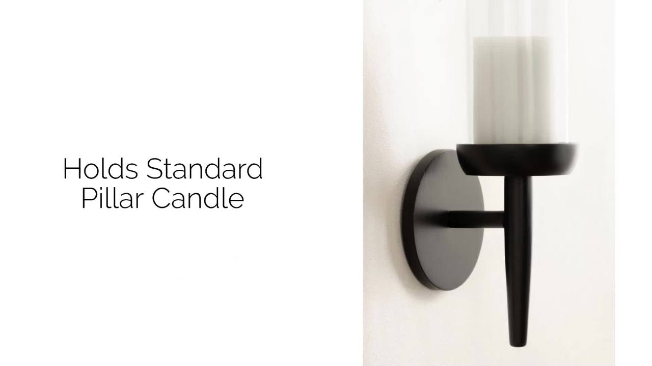 thumbnail video image 2 of Kate and Laurel Shae Transitional Wooden Wall Sconce, 5 x 5 x 13, Black, Modern Candle Holder with Removable Glass Cylinder for Flameless Pillar Candles in Bedroom or Entryway, 2 of 10