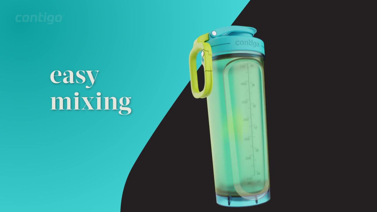 thumbnail video image 2 of Contigo Fit Shake & Go 2.0 Plastic Antimicrobial Shaker Bottle, Blue Raspberry, 28 fl oz., 2 of 10
