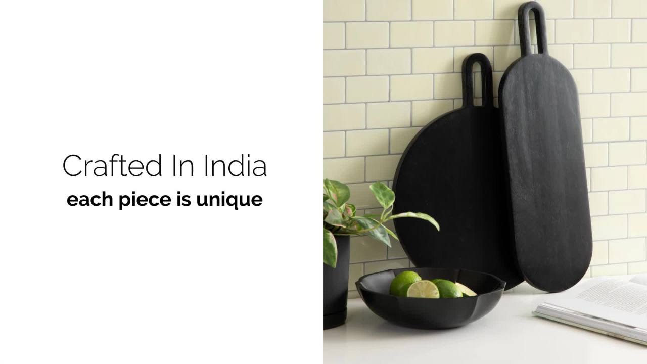 thumbnail video image 2 of Kate and Laurel Staven Transitional Two-Piece Serving Boards Set, 7 x 22 and 14 x 18, Black, Modern Food-Safe Charcuterie Boards with Solid Mango Construction for Use as Kitchen Countertop Decor, 2 of 10