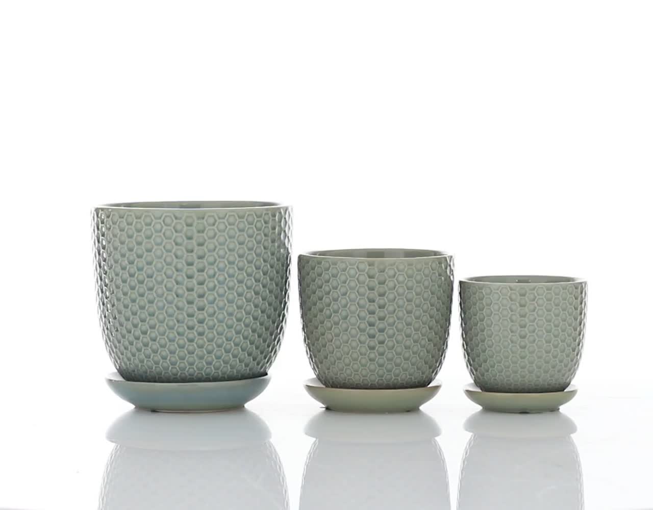 thumbnail video image 2 of DecMode Light Gray Porcelain Ceramic Indoor Outdoor Planter with Attached Saucer, Set of 3 8", 6", 5"H, 2 of 10
