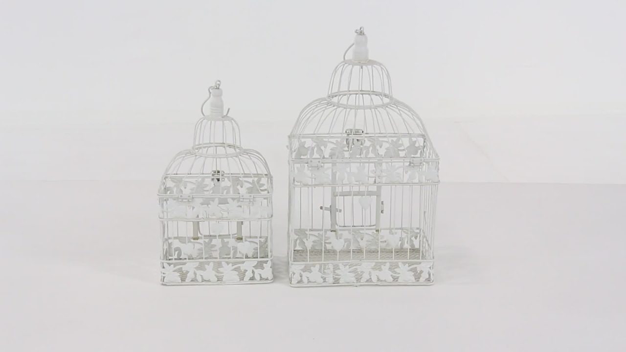 thumbnail video image 2 of DecMode Indoor Outdoor Hinged Top White Metal Birdcage with Latch Lock Closure and Hanging Hook, Set of 2, 2 of 10