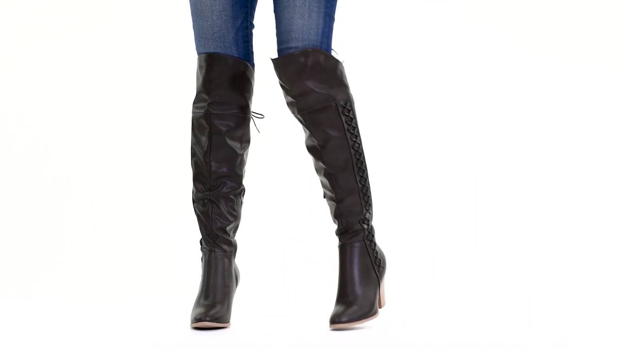 thumbnail video image 2 of Women's Distressed Faux Leather Faux Lace-up Over-the-knee Boots, 2 of 9