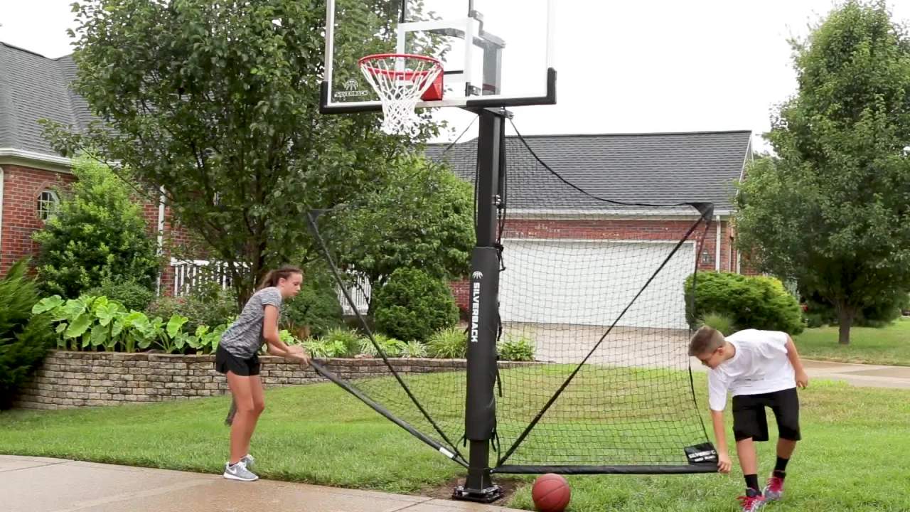 thumbnail video image 2 of Silverback Basketball Yard Guard Net Rebounder with Foldable Net and Arms, 2 of 15