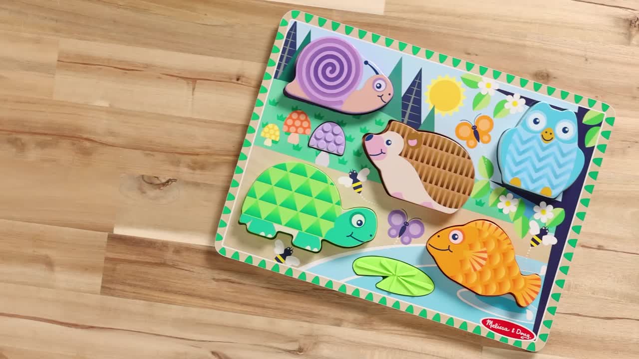 thumbnail video image 2 of Melissa & Doug Forest Friends Touch & Feel Wooden Puzzle, 5-Piece Chunky Toddler Puzzle with Animals & Textured Silicone Puzzle Board Inlays for Ages 2+, 2 of 10