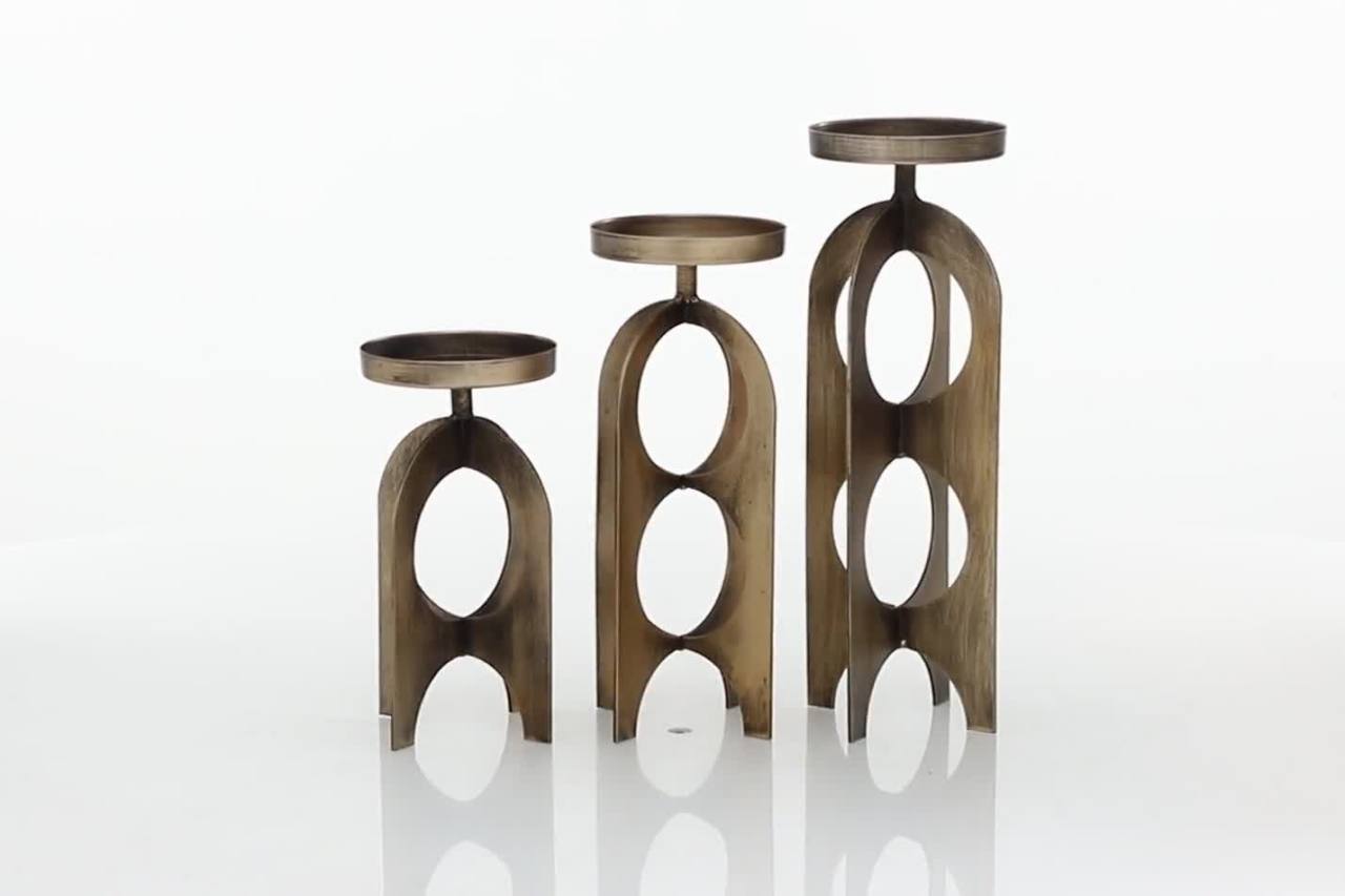 thumbnail video image 2 of DecMode 3 Candle Gold Metal Handmade Pillar Candle Holder, Set of 3, 2 of 9