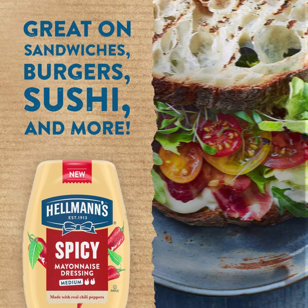 thumbnail video image 2 of (3 pack) Hellmann's Medium Spicy Mayonnaise Dressing Condiments Made with Real Chili Peppers, 11.5 fl oz Squeeze Bottle, 2 of 11