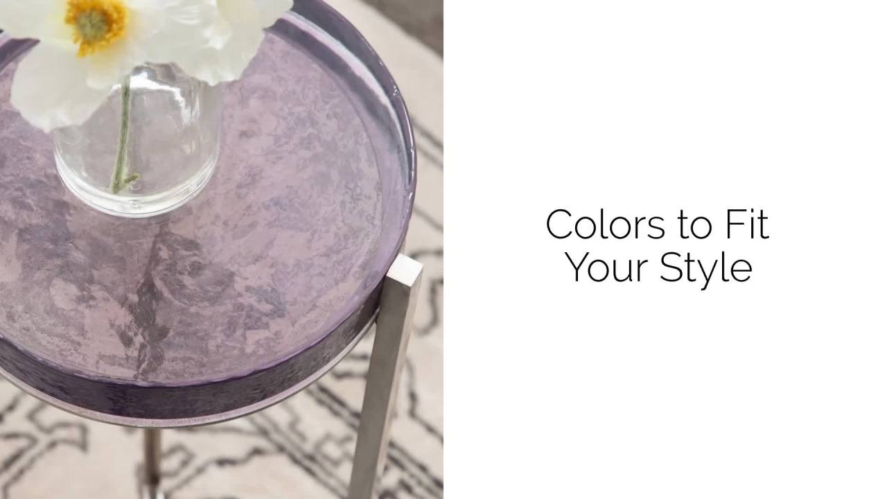 thumbnail video image 2 of Kate and Laurel Aguilar Modern Drink Table, 9 x 9 x 23, Purple Glass and Silver, Unique Round Glass Mini Table for Use as Bathroom Accent Table or Glam Martini Table, 2 of 9