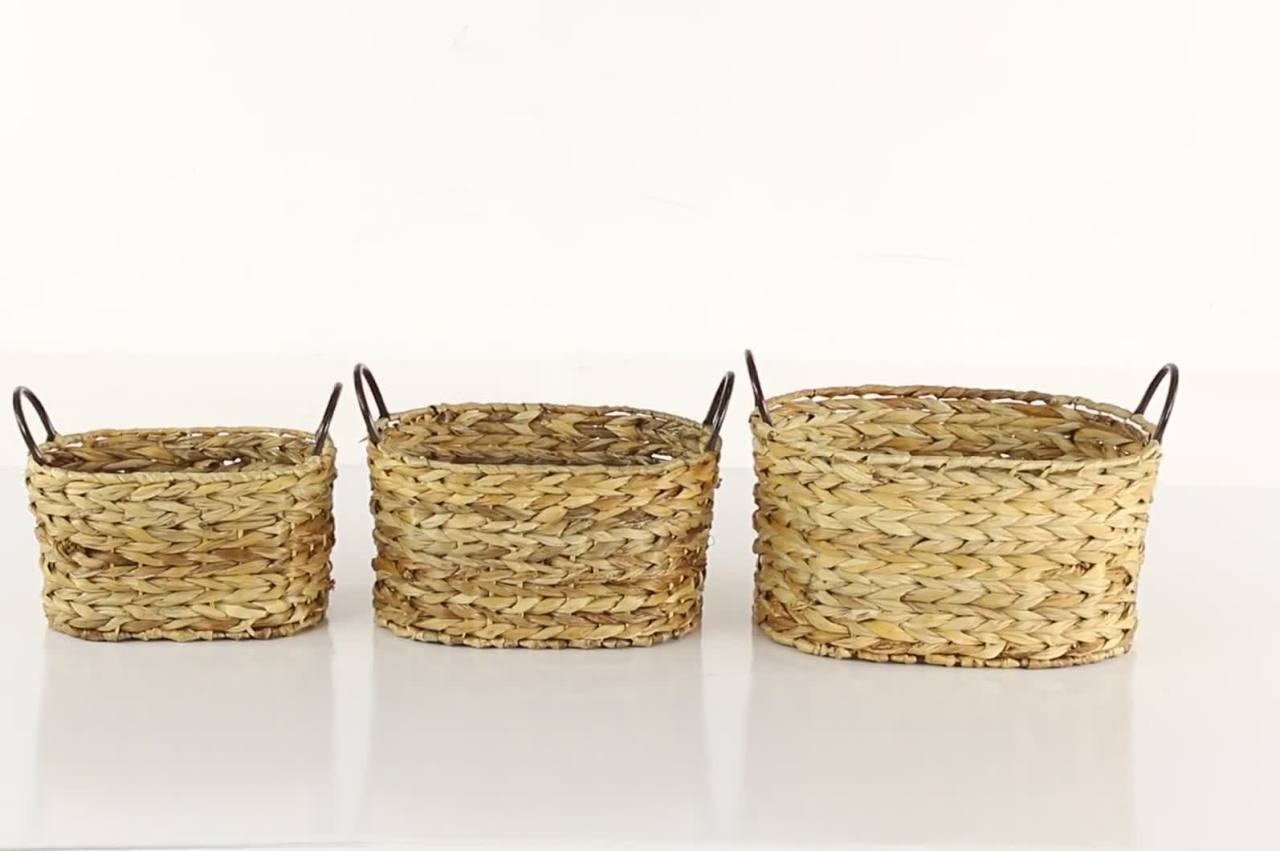 thumbnail video image 2 of DecMode 16", 13", 11"W Brown Metal Handmade Storage Basket with Metal Handles, 3-Pieces, 2 of 9