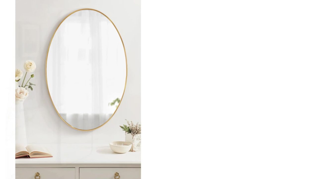 thumbnail video image 2 of Kate and Laurel Zayda Modern Round Arch Framed Statement Wall Mirror, 32 x 36, Black, Metal Minimalist Farmhouse Arched Wall Mirror with Smooth Curves, 2 of 8