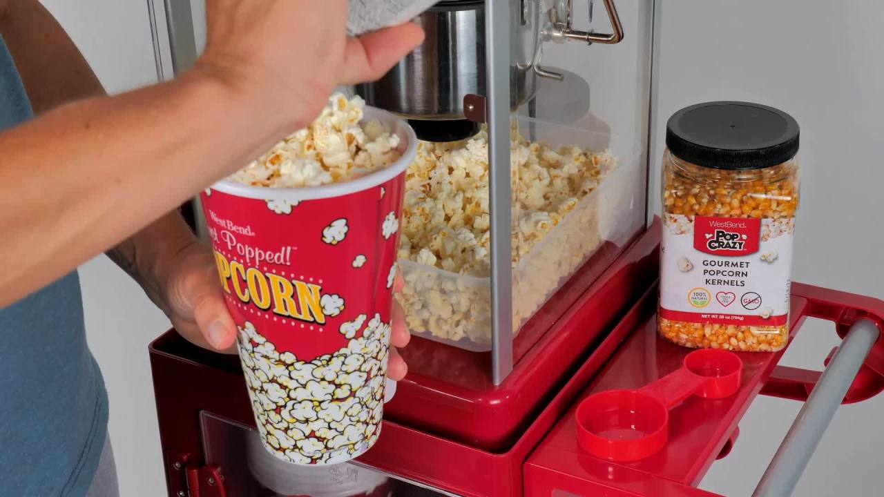 thumbnail video image 2 of West Bend Compact Electric Popcorn Machine & Cart, 10-cup capacity, Red (PCMC20RD13), 2 of 10