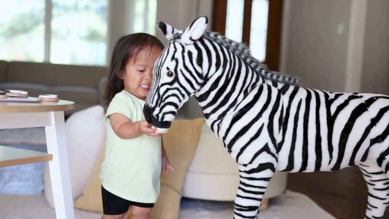 thumbnail video image 2 of Melissa & Doug Giant Striped Zebra - Lifelike Stuffed Animal (nearly 3 feet tall), 2 of 10