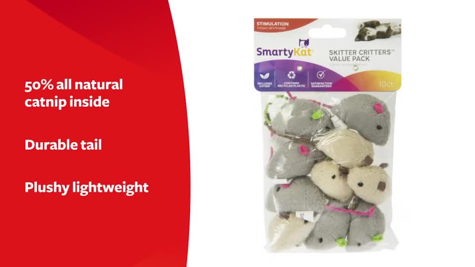 thumbnail video image 2 of SmartyKat Skitter Critters Value Pack, Soft Plush Catnip Filled Mice Cat Toys, 10 Count, 2 of 10