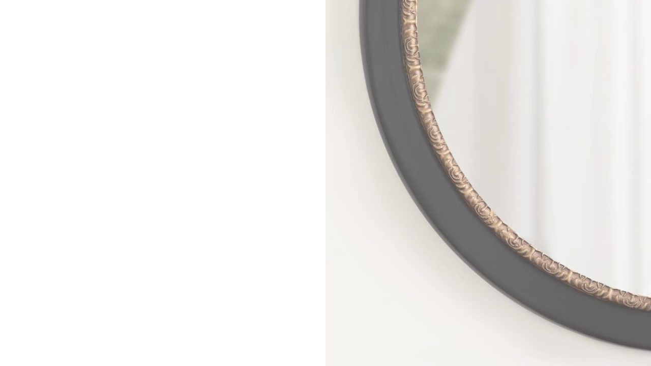 thumbnail video image 2 of Kate and Laurel Wildomar Decorative Ornate Round Mirror, 26 Inch Diameter, Black, Traditional Ornate Circle Mirror with Carved Detail Design for Bathroom Mirror for Over Sink, 2 of 9