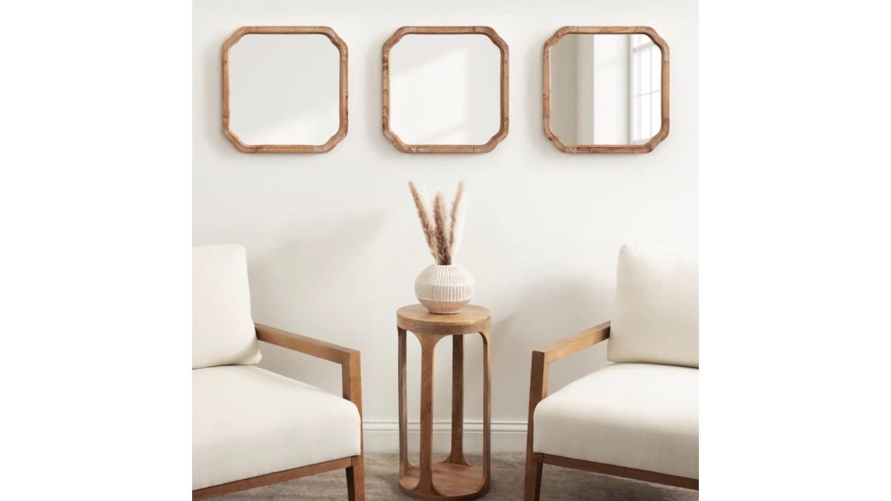 thumbnail video image 2 of Kate and Laurel Marston Modern Wooden Square Wall Mirror Set, Set of 3, 12 x 12, Rustic Brown, Decorative Three-Piece Mirror Set for Use as Bathroom Mirror Decor or Gallery Wall Mirrors, 2 of 9